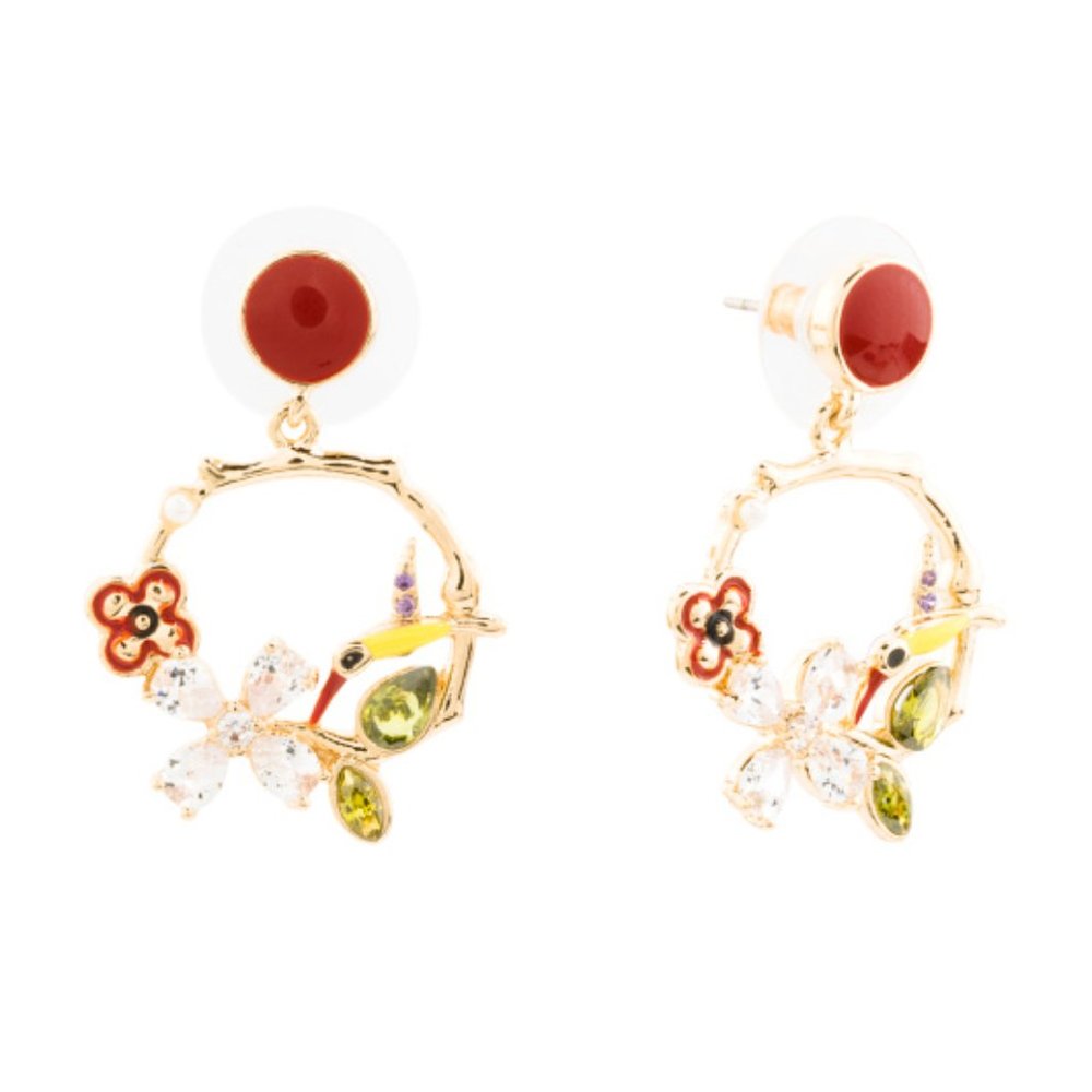 NWT  Betsey Johnson CZ FLOWER HUMMINGBIRD EARRINGS - Picture 6 of 8